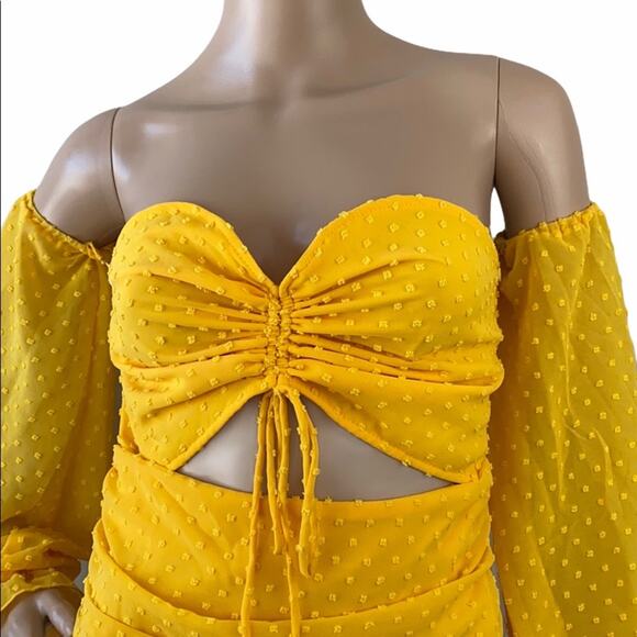 New House of Chic Yellow  Off The Shoulder Lantern Sleeve Cutout Bodycon Dress S - Picture 2 of 9